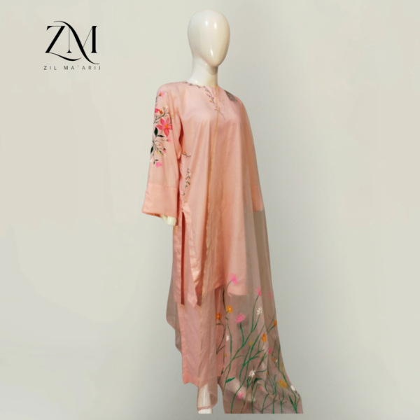 Stitched Hand-Painted 3-Piece Suit with Front & Back Painted Organza Dupatta - Image 3