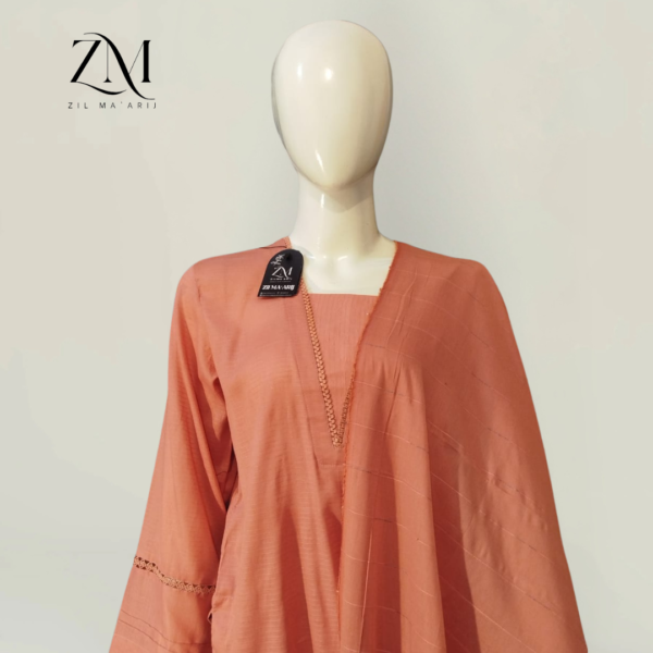 Stitched Bana Dori Peach Lawn 3-Piece – Zari Lining Dupatta for a Regal Look - Image 2