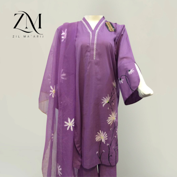 Purple Hand-Painted Lawn 3-Piece Suit - Image 4