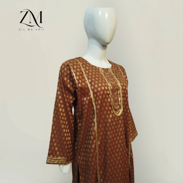 Brown Jacquard Stitched 2-Piece with Elegant Gotta Design - Image 3