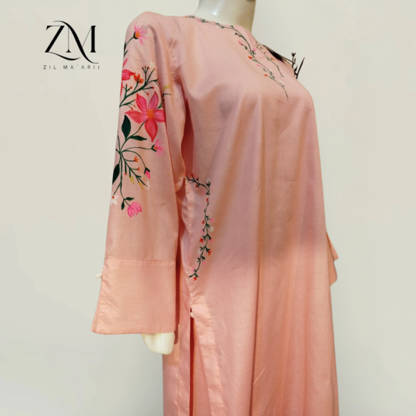 Stitched Hand-Painted 3-Piece Suit with Front & Back Painted Organza Dupatta - Image 4