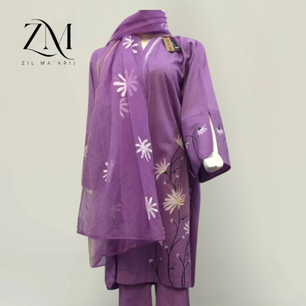 Purple Hand-Painted Lawn 3-Piece Suit - Image 2