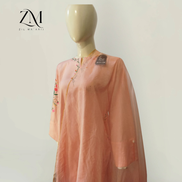 Stitched Hand-Painted 3-Piece Suit with Front & Back Painted Organza Dupatta - Image 5