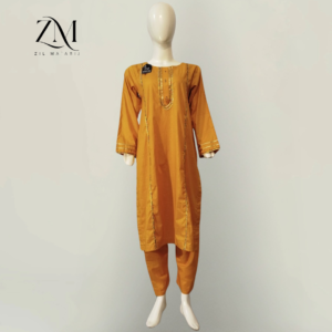 Stitched 2-Piece Mustard Lawn – Gold Paste Print A-Line Shirt with Gotta Work