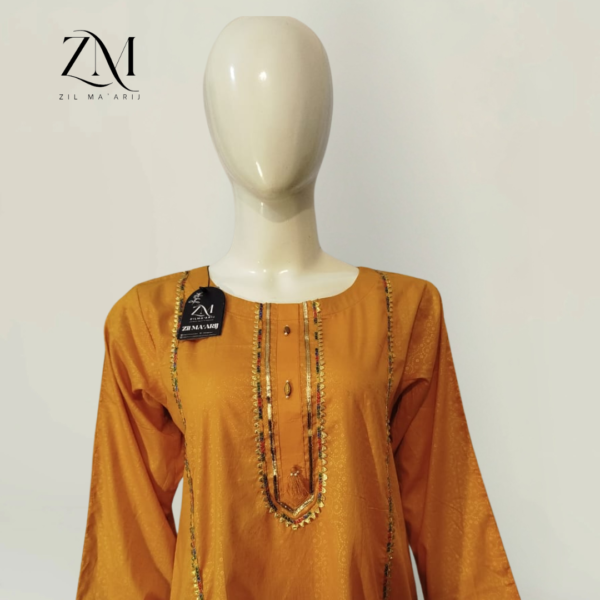 Stitched 2-Piece Mustard Lawn – Gold Paste Print A-Line Shirt with Gotta Work - Image 2