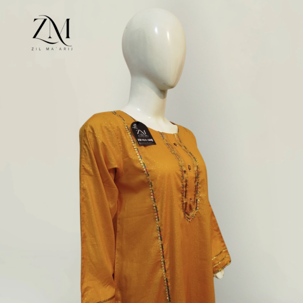 Stitched 2-Piece Mustard Lawn – Gold Paste Print A-Line Shirt with Gotta Work - Image 3