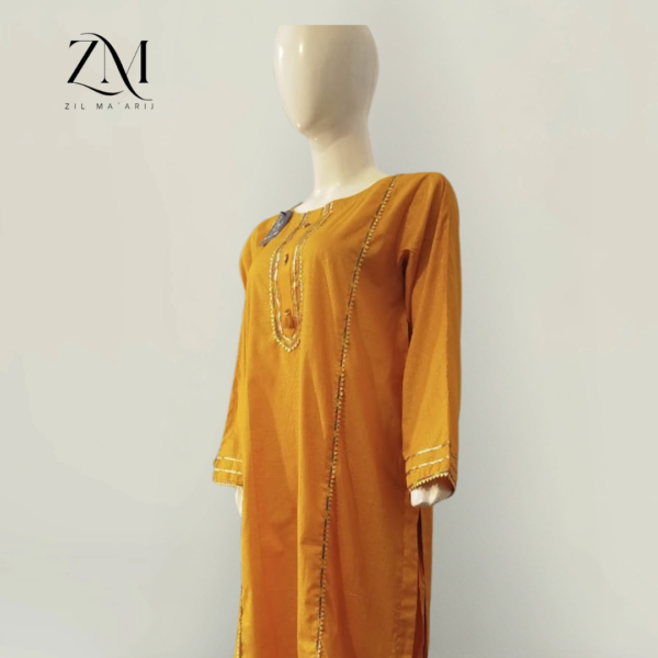 Stitched 2-Piece Mustard Lawn – Gold Paste Print A-Line Shirt with Gotta Work - Image 4